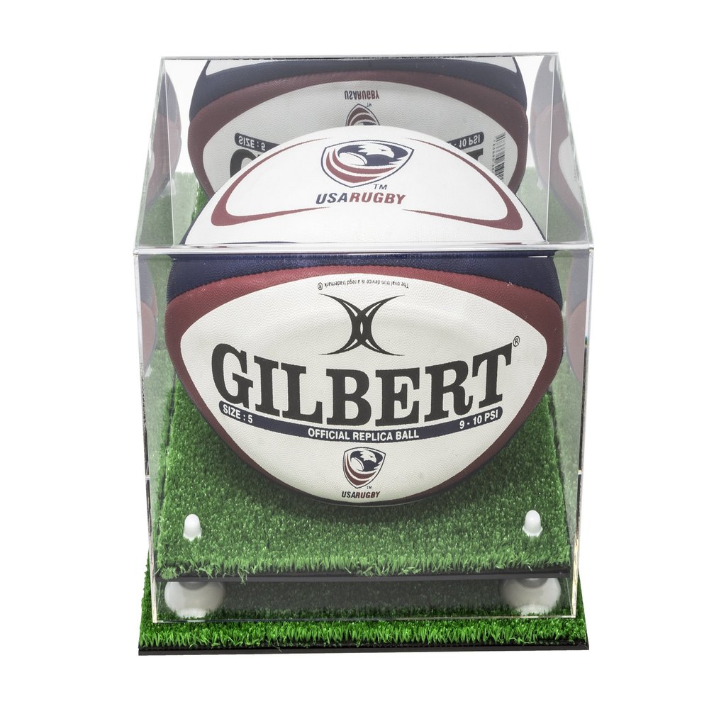 Better Display Cases Acrylic Rugby Ball Display Case Mirror, White Risers Turf Base (A004-MWRTB)