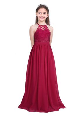 Agoky Halter Lace Flower Girls Dress Wedding Bridesmaid Party Ball Gown Floor Length Dresses Burgundy 8