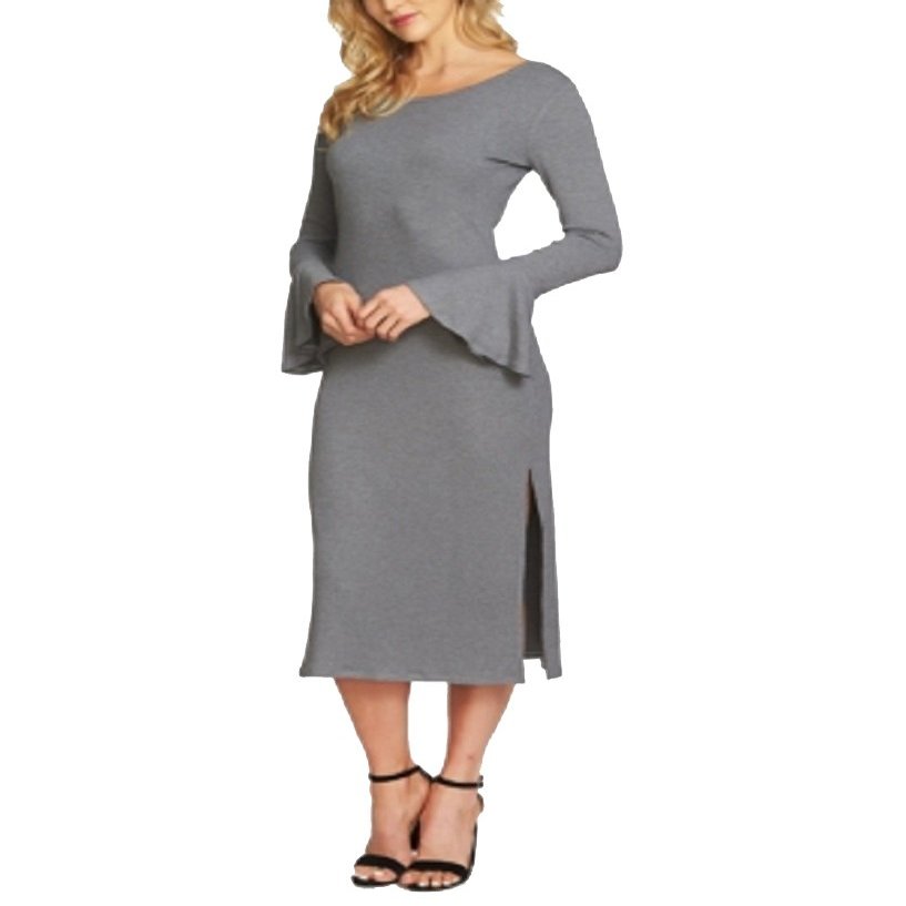 1.STATE Womens Ribbed Midi Dress, Grey, Medium