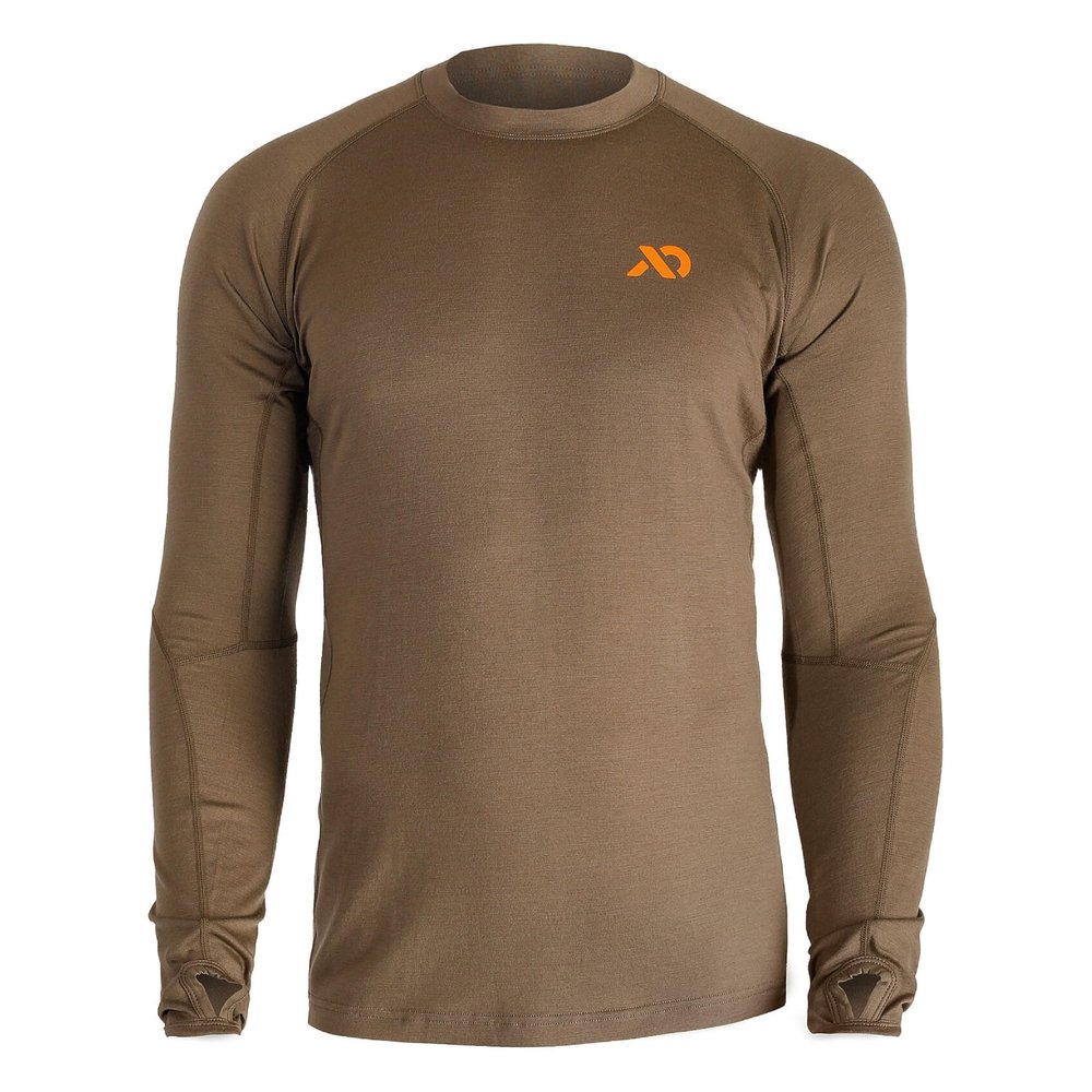 First Lite Men's Wick Long Sleeve Crew - Merino Wool Camo Hunting Base Layer, UV Protection Moisture Management Shirt, Dry Earth, X-Large