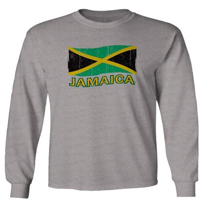 0052. Carribean Outfit Jamaica Jamaican National Country Flag Men's Long Sleeve t Shirt (Light Gray X-Large)
