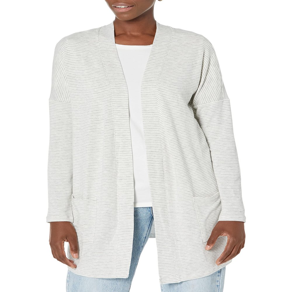 Amazon Essentials Women's Relaxed-Fit Ultra-Lightweight Open-Front Cardigan, Grey Heather Stripe, XX-Large
