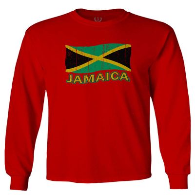 0052. Carribean Outfit Jamaica Jamaican National Country Flag Men's Long Sleeve t Shirt (Red, 2X Large)