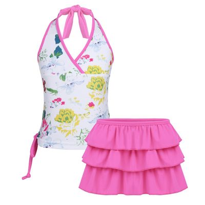FEESHOW Big Girls Youth Tie-Dye Two Piece Tankini Swimsuit Halter Bathing Suit Tank Top with Triangle Brefs Pink Skirt Set 5