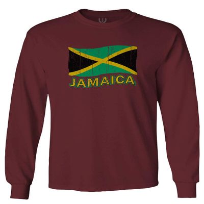 0052. Carribean Outfit Jamaica Jamaican National Country Flag Men's Long Sleeve t Shirt (Maroon Medium)