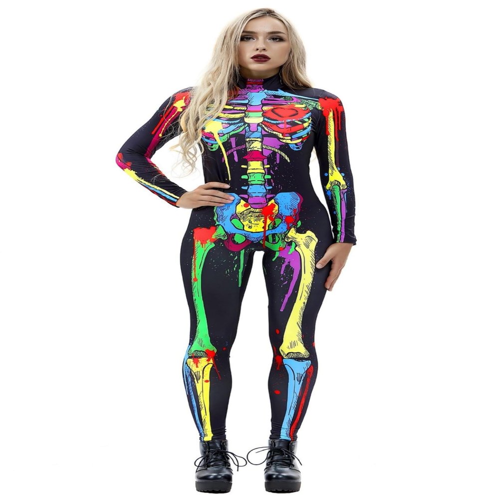 URVIP Women Halloween Skeleton Costume Stretch Skinny Catsuit Jumpsuit Bodysuit Color-BAX-014 XL
