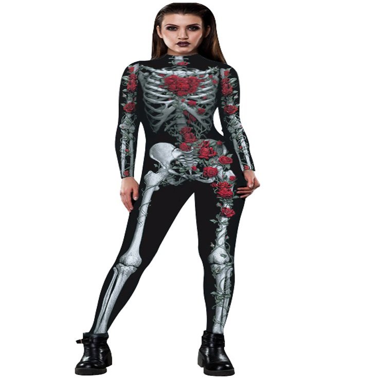 URVIP Women Halloween Skeleton Costume Stretch Skinny Catsuit Jumpsuit Bodysuit Color-BAX-008 L