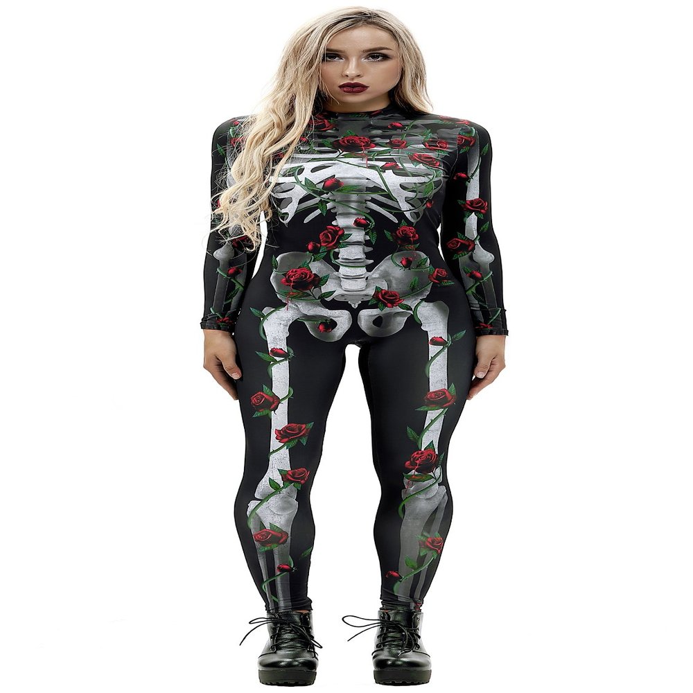 URVIP Women Halloween Skeleton Costume Stretch Skinny Catsuit Jumpsuit Bodysuit Color-BAX-013 XL