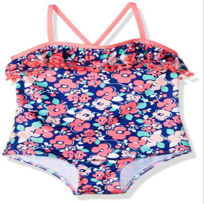 Pink Platinum Girls' Floral Pom One Piece Swimsuit, Navy, 12M