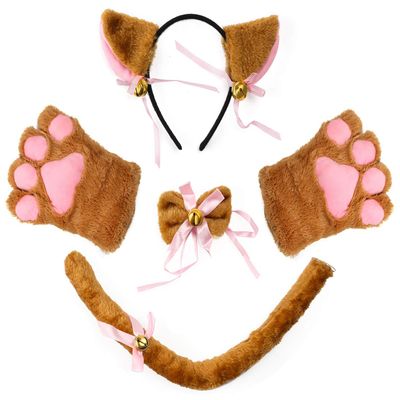 Beelittle Cat Cosplay Costume Kitten Ears Tail Collar Paws Cat Cosplay Collection 5 Pack (Brown)