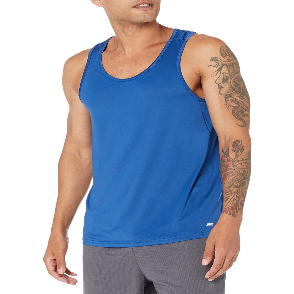 Amazon Essentials Men's Quick Dry Tech Stretch Active Sleeveless Tank Top Workout Shirt, Blue, Large