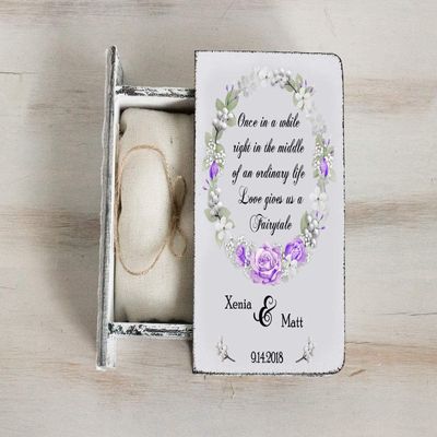 Custom Rustic Wedding Ring Box, Personalized Ring Bearer Box. White Ring Box, Wood Box, Purple roses Wreath box, Roses box, Flowers ring box Summer wedding box Ring Holder ngagement Wreath roses box