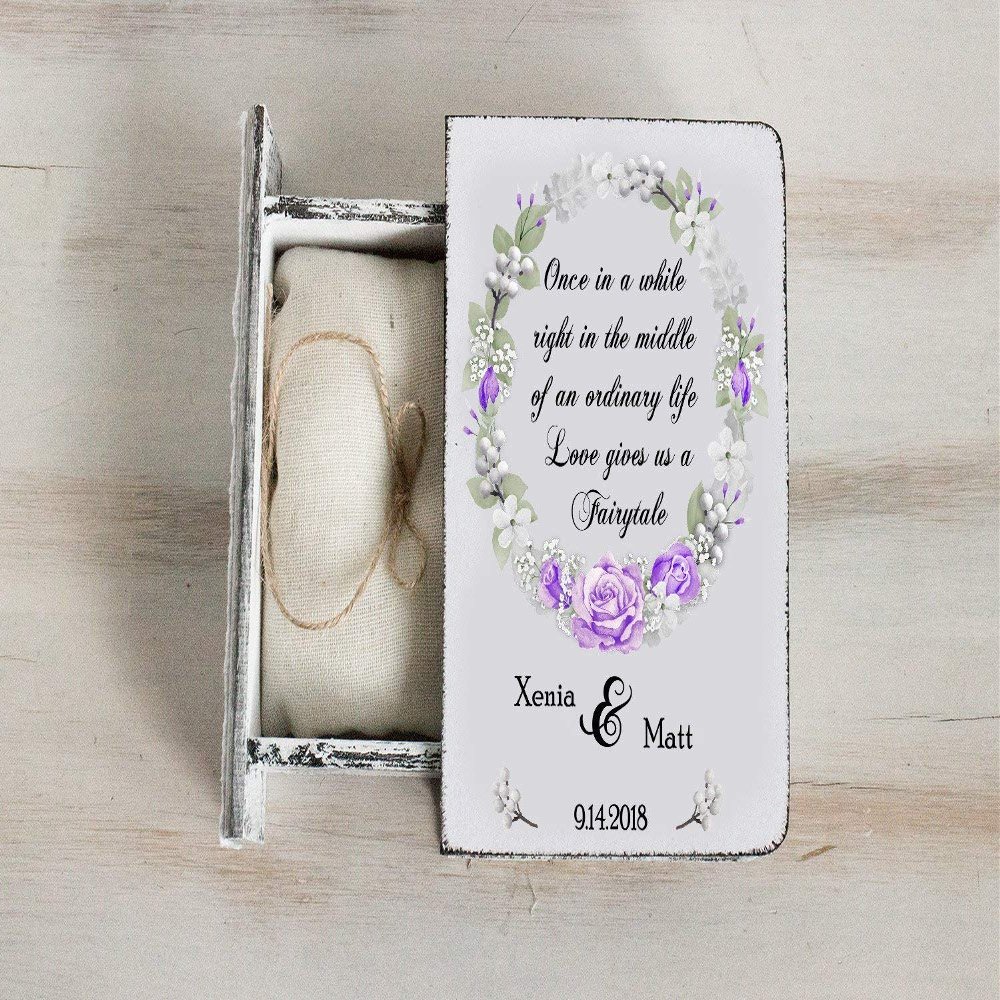 Custom Rustic Wedding Ring Box, Personalized Ring Bearer Box. White Ring Box, Wood Box, Purple roses Wreath box, Roses box, Flowers ring box Summer wedding box Ring Holder ngagement Wreath roses box