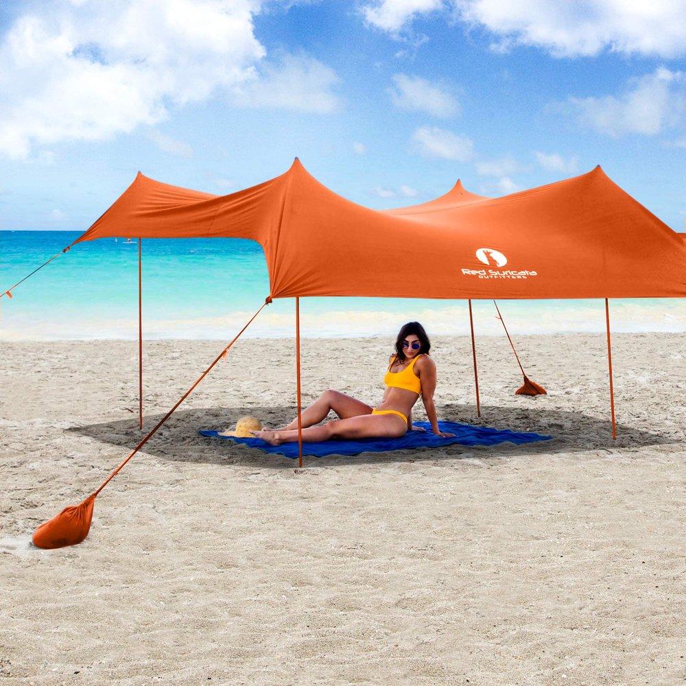 Red Suricata Family Beach Tent & Canopy, UPF50 Sun Shade, 4 Aluminum Poles, Sand Shovel, Large Portable Sun Shelter (Large, Orange)