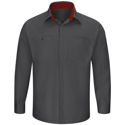 Red Kap Men's Long Sleeve Performance Plus Shop Shirt with OilBlok Technology, Charcoal/Fireball Red Mesh, 3X-Large