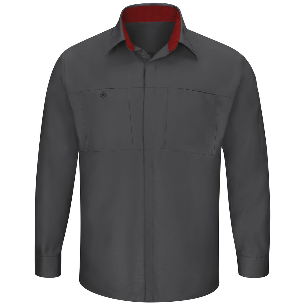 Red Kap Men's Long Sleeve Performance Plus Shop Shirt with OilBlok Technology, Charcoal/Fireball Red Mesh, 3X-Large
