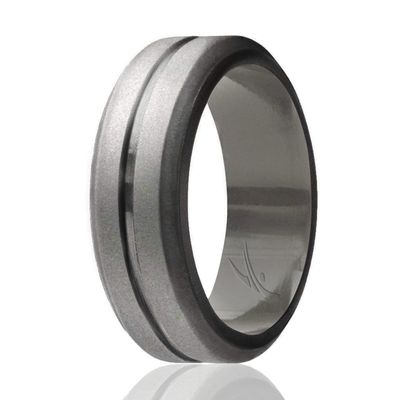 ROQ Silicone Rubber Wedding Ring for Men, Comfort Fit, Men's Wedding Band, Breathable Rubber Engagement Band, 8mm Wide 2mm Thick, Engraved Middle Line, Single, Beveled Metallic Platinum, Size 9