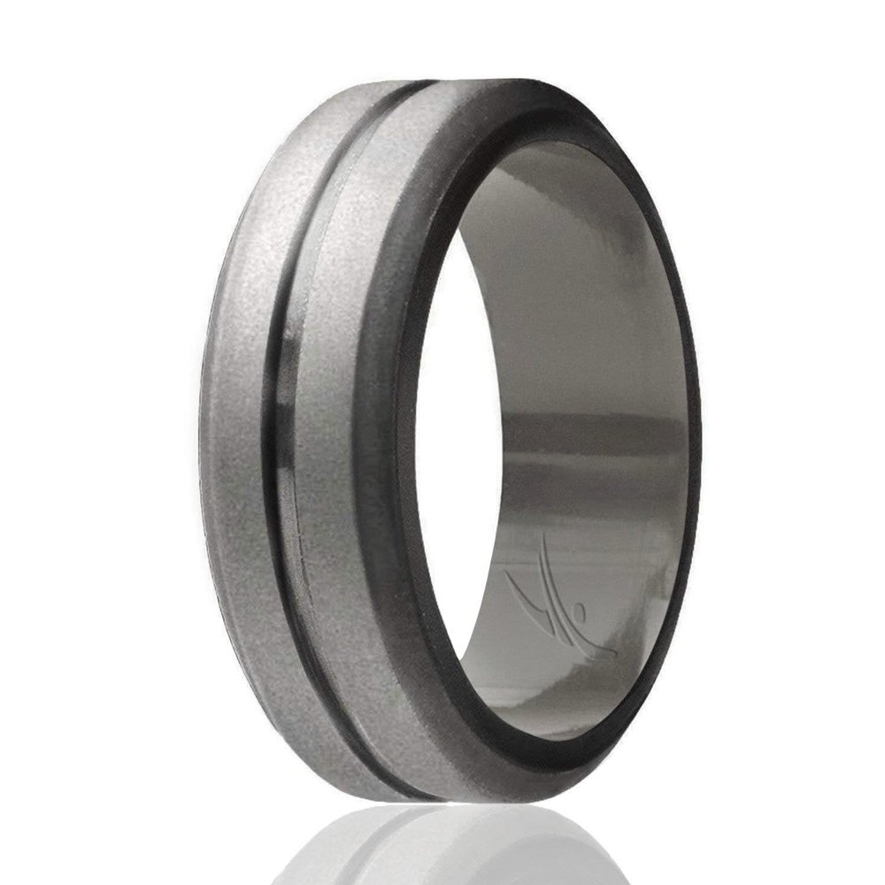 ROQ Silicone Rubber Wedding Ring for Men, Comfort Fit, Men's Wedding Band, Breathable Rubber Engagement Band, 8mm Wide 2mm Thick, Engraved Middle Line, Single, Beveled Metallic Platinum, Size 9