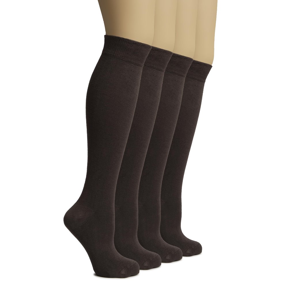Hugh Ugoli Women's Rayon Knee High Socks | Comfort Seam Long Dress Socks, Soft & Lightweight | 4 Pairs, Dark Brown, Shoe Size: 8-11