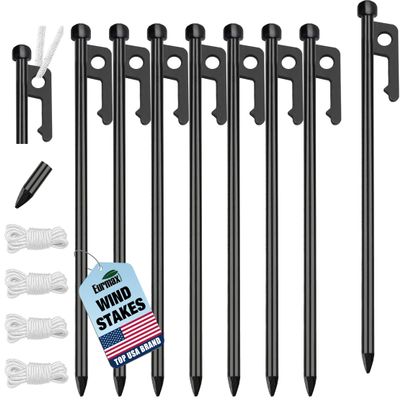Eurmax USA 10 inch Multiuse Heavy Duty Steel Tent Stakes Tarp Pegs Camping Stakes for Outdoor Camping Canopy and tarp with 4 Ropes 10FT Length,8pcs(Black)