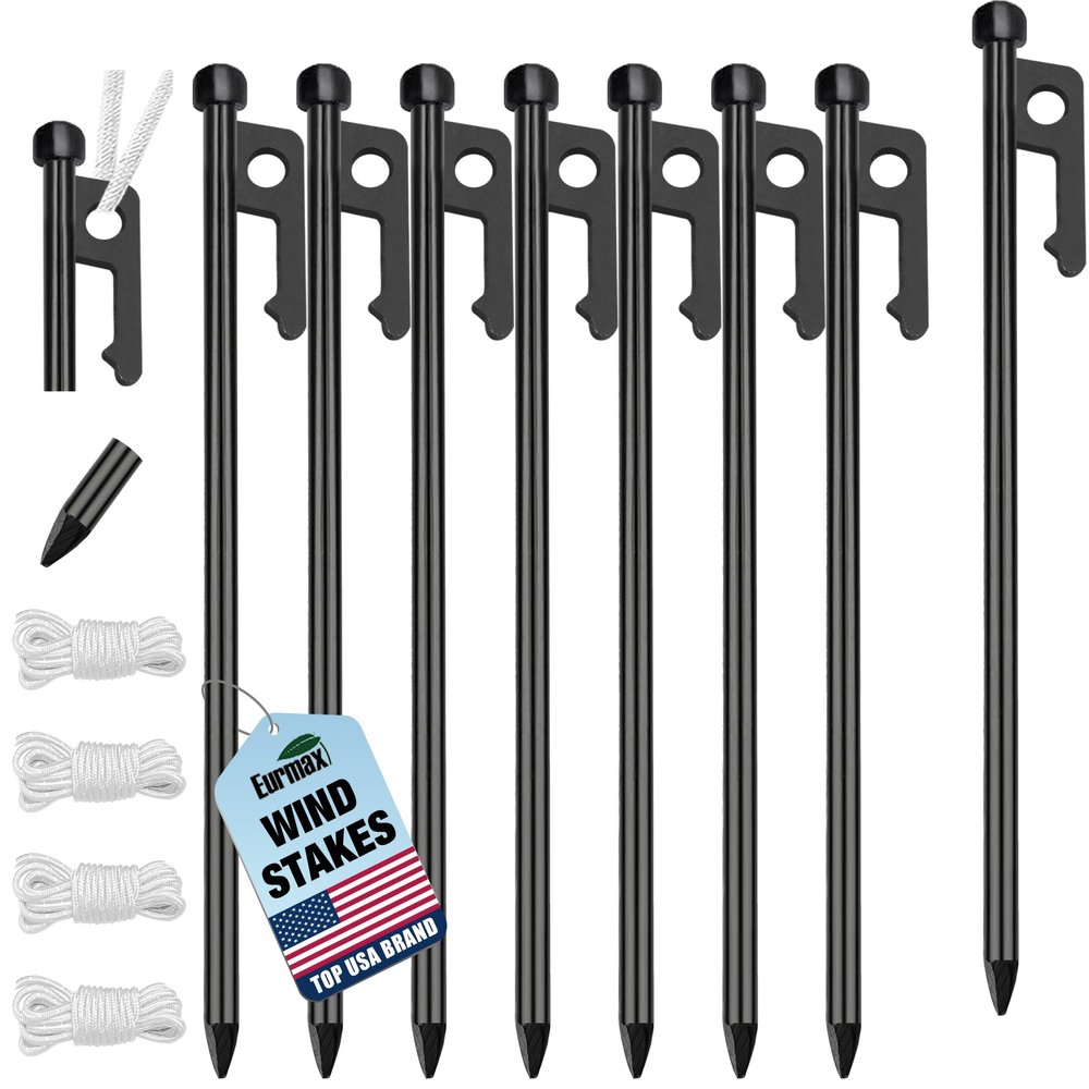Eurmax USA 10 inch Multiuse Heavy Duty Steel Tent Stakes Tarp Pegs Camping Stakes for Outdoor Camping Canopy and tarp with 4 Ropes 10FT Length,8pcs(Black)