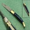 Laguiole Folding Damascus steel knife, 8.6" Long with 4" hand forged custom twist pattern Blade. Blue colored wood with brass bolster, Cow hide leather sheath included view 1