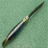 Laguiole Folding Damascus steel knife, 8.6" Long with 4" hand forged custom twist pattern Blade. Blue colored wood with brass bolster, Cow hide leather sheath included view 2