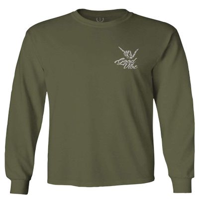 0012. Good Vibe Bones Hand Shaka Cool Vintage Hipster Graphic Men's Long Sleeve t Shirt (Olive, Medium)
