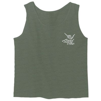 0012. Good Vibe Bones Hand Shaka Cool Vintage Hipster Graphic Men's Fitted Tank Top (Olive, Large)