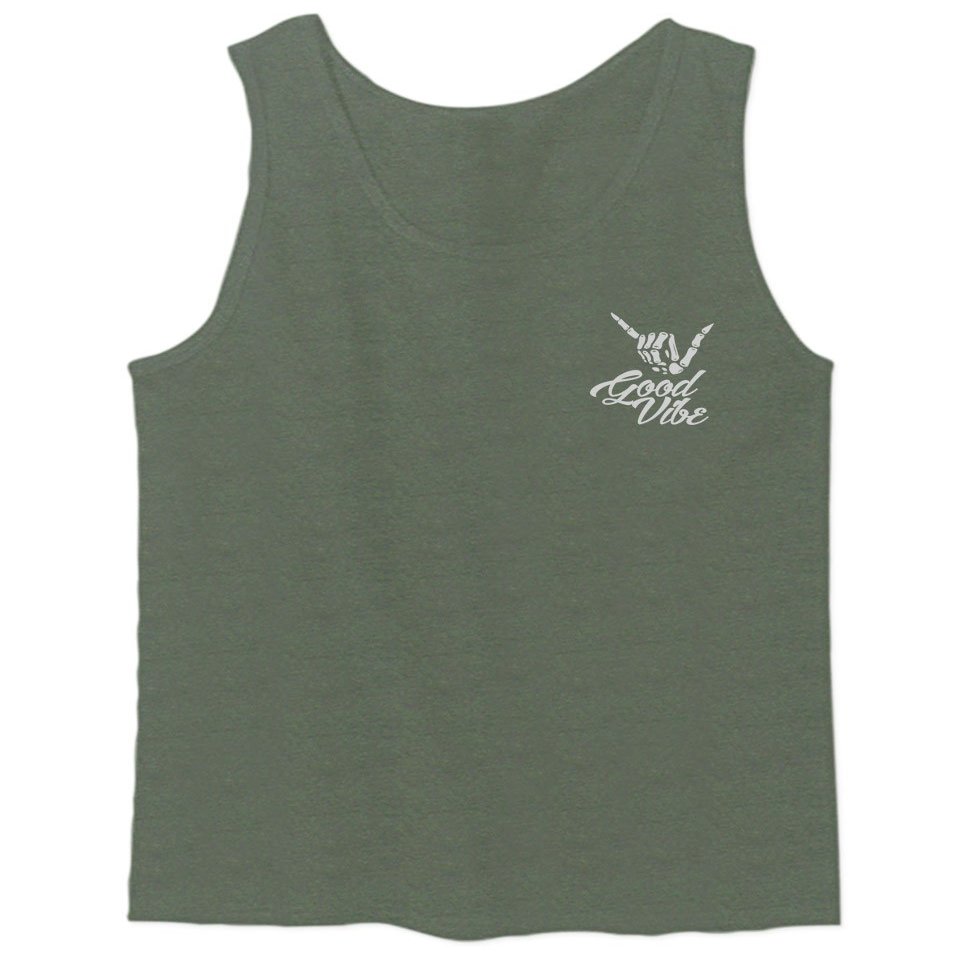 0012. Good Vibe Bones Hand Shaka Cool Vintage Hipster Graphic Men's Fitted Tank Top (Olive, Large)