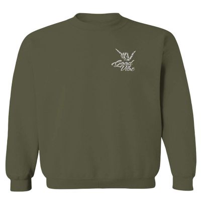 0012. Good Vibe Bones Hand Shaka Cool Vintage Hipster Graphic Men's Crewneck Sweatshirt (Olive, Small)