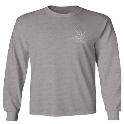0012. Good Vibe Bones Hand Shaka Cool Vintage Hipster Graphic Men's Long Sleeve t Shirt (Light Gray Large)