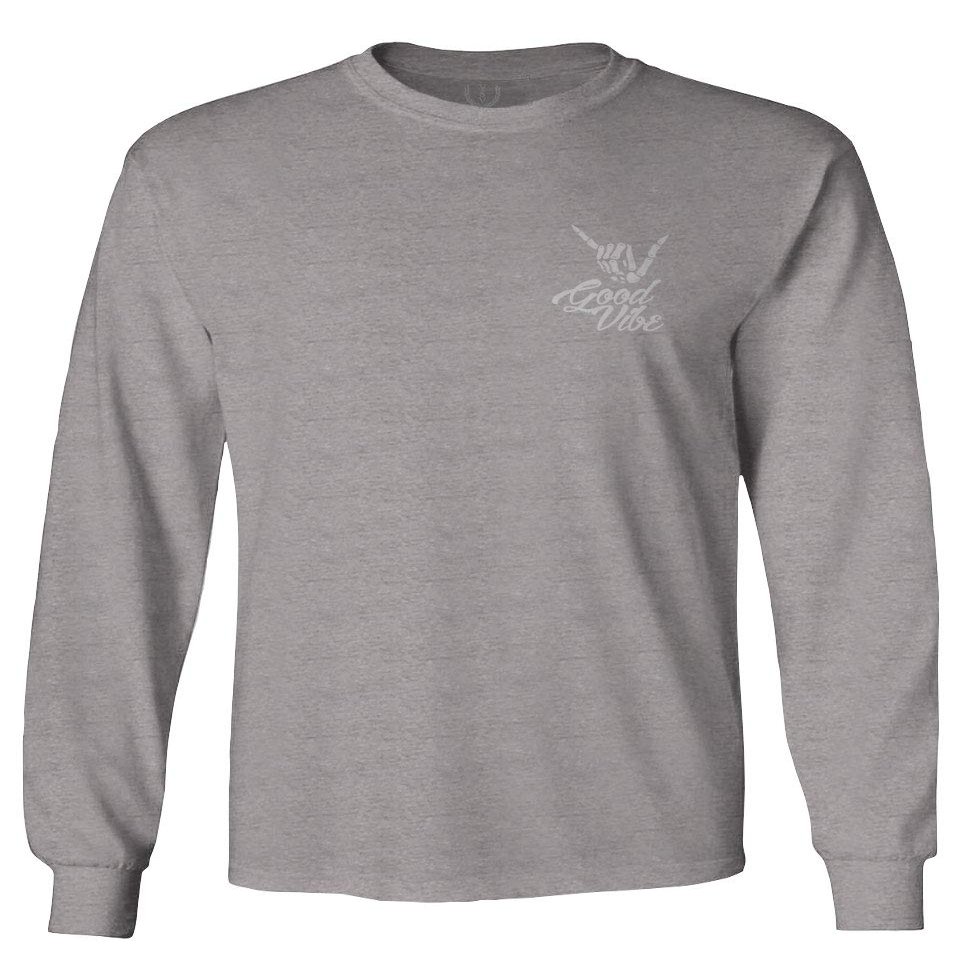 0012. Good Vibe Bones Hand Shaka Cool Vintage Hipster Graphic Men's Long Sleeve t Shirt (Light Gray 2X Large)