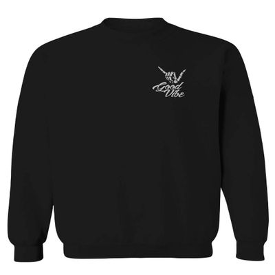 0012. Good Vibe Bones Hand Shaka Cool Vintage Hipster Graphic Men's Crewneck Sweatshirt (Black X-Large)