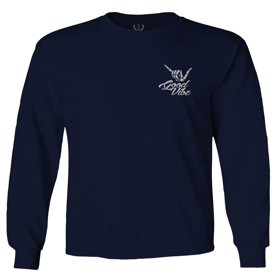 0012. Good Vibe Bones Hand Shaka Cool Vintage Hipster Graphic Men's Long Sleeve t Shirt (Navy Blue, Small)