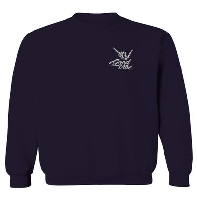 0012. Good Vibe Bones Hand Shaka Cool Vintage Hipster Graphic Men's Crewneck Sweatshirt (Navy Medium)
