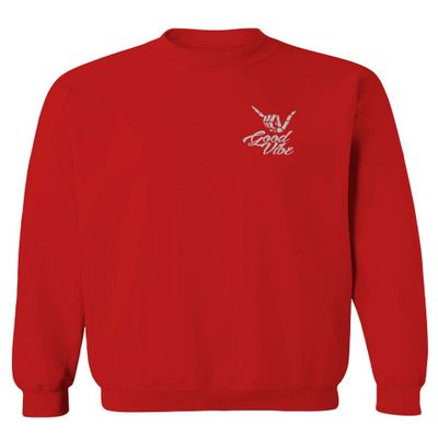 0012. Good Vibe Bones Hand Shaka Cool Vintage Hipster Graphic Men's Crewneck Sweatshirt (Red, X-Large)