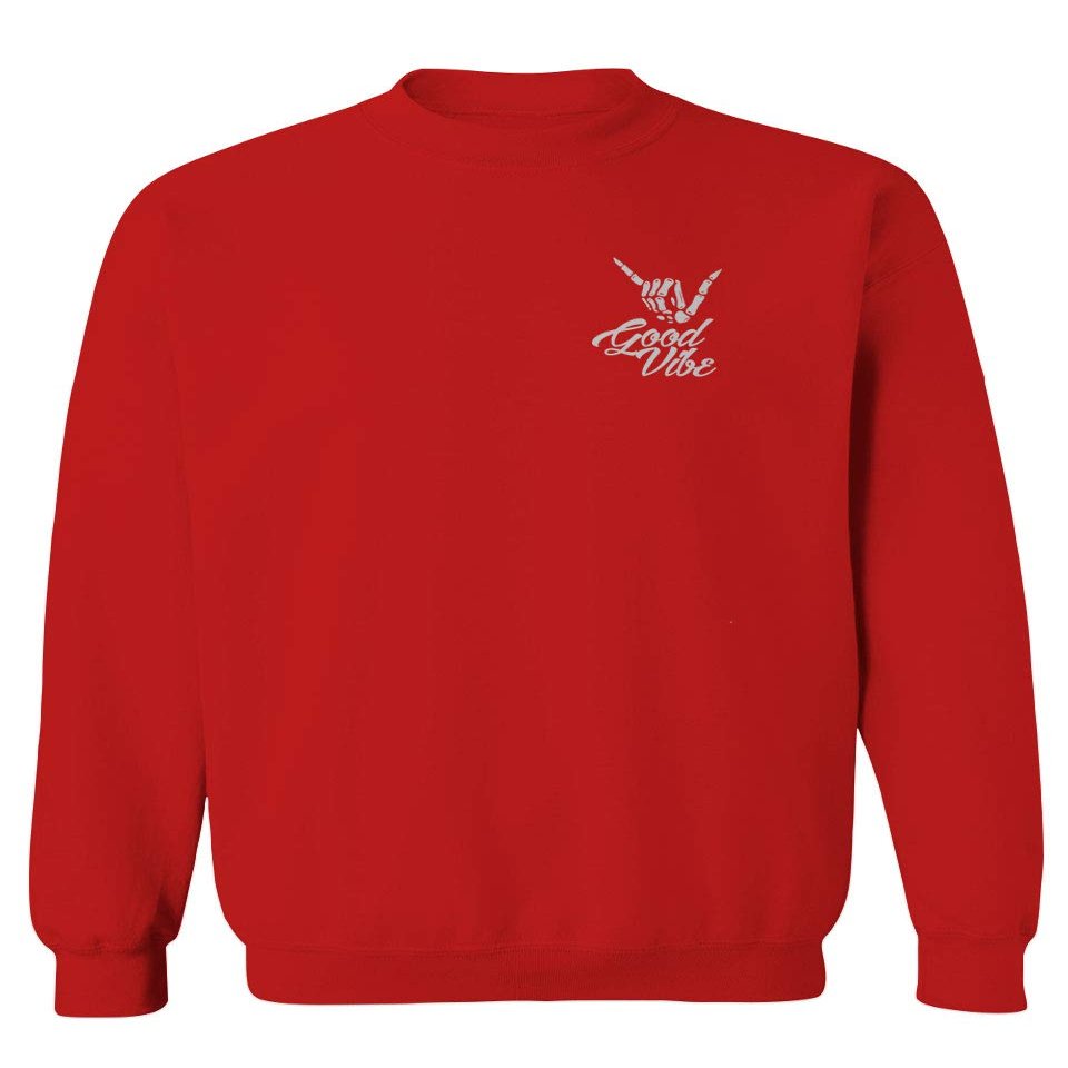 0012. Good Vibe Bones Hand Shaka Cool Vintage Hipster Graphic Men's Crewneck Sweatshirt (Red, X-Large)