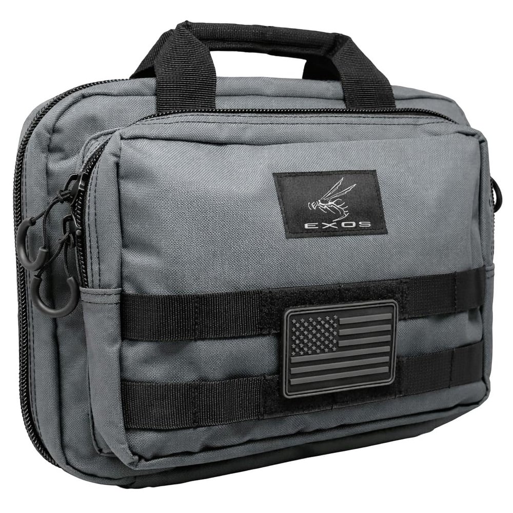Exos Double Pistol Case - Tactical Double Soft Pistol Gun Bag - Handgun Carrying Case with Compartments - Hand Gun Storage Bag with MOLLE Webbing and Padded Interior - Designed in USA (Gray)
