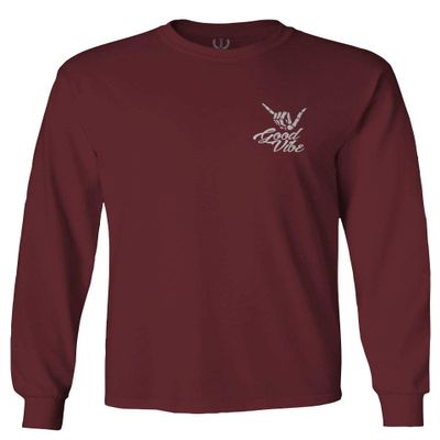 0012. Good Vibe Bones Hand Shaka Cool Vintage Hipster Graphic Men's Long Sleeve t Shirt (Maroon Small)