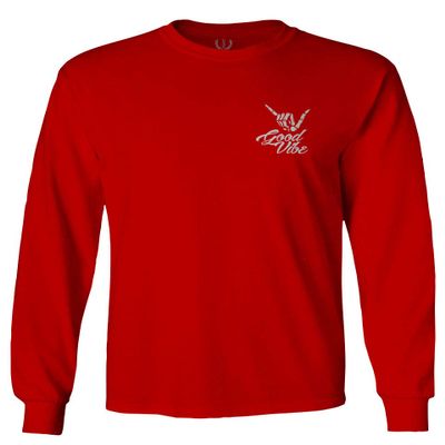 0012. Good Vibe Bones Hand Shaka Cool Vintage Hipster Graphic Men's Long Sleeve t Shirt (Red, Medium)