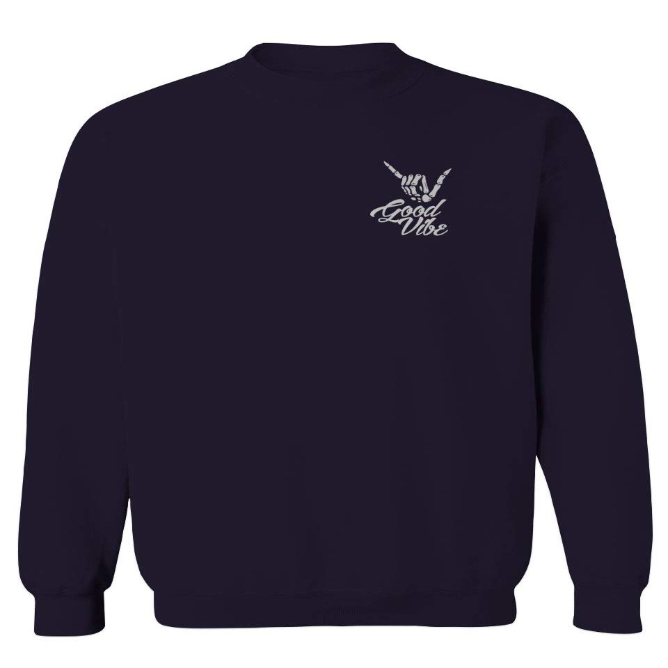 0012. Good Vibe Bones Hand Shaka Cool Vintage Hipster Graphic Men's Crewneck Sweatshirt (Navy Small)