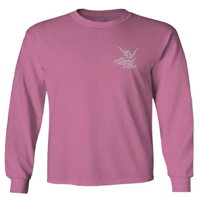 0012. Good Vibe Bones Hand Shaka Cool Vintage Hipster Graphic Men's Long Sleeve t Shirt (Pink 2X Large)
