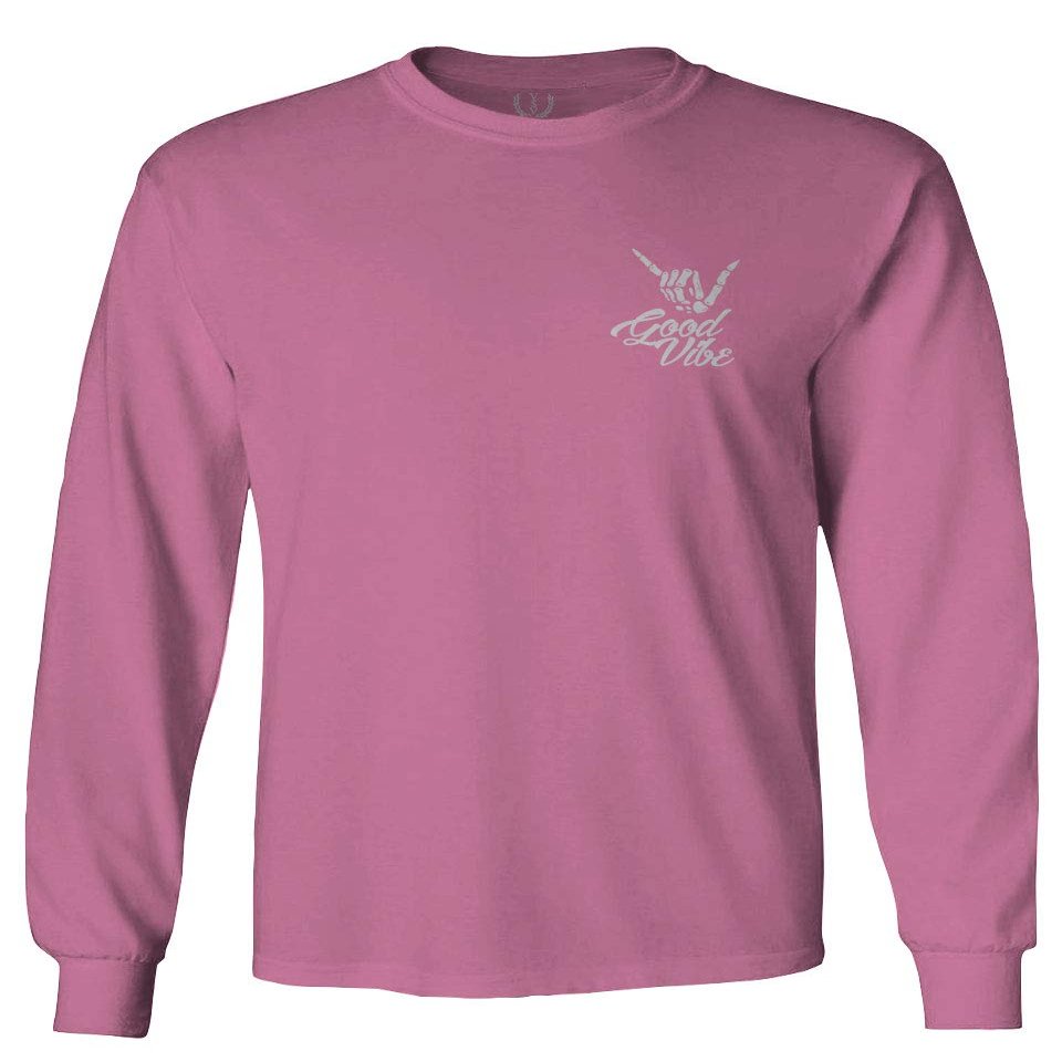 0012. Good Vibe Bones Hand Shaka Cool Vintage Hipster Graphic Men's Long Sleeve t Shirt (Pink Medium)