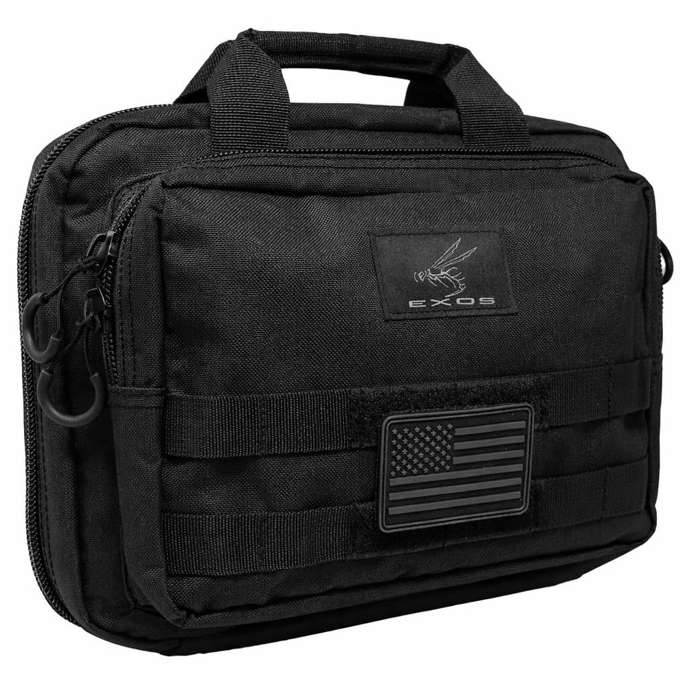 Exos Double Pistol Case - Tactical Double Soft Pistol Gun Bag - Handgun Carrying Case with Compartments - Hand Gun Storage Bag with MOLLE Webbing and Padded Interior - Designed in USA (Black)