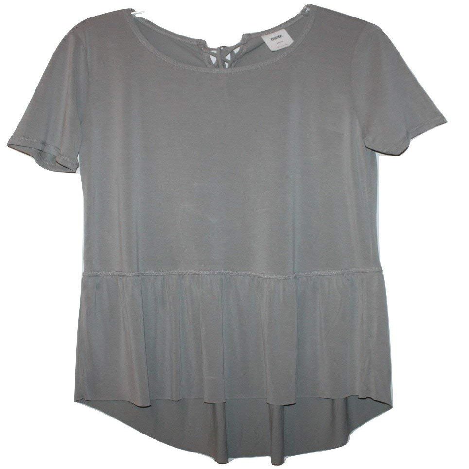 Mote Women's Small Modal Knit Tunic Top w/Wide Ruffle Hi Lo Hem & Back Neckline Tie, Light Sage