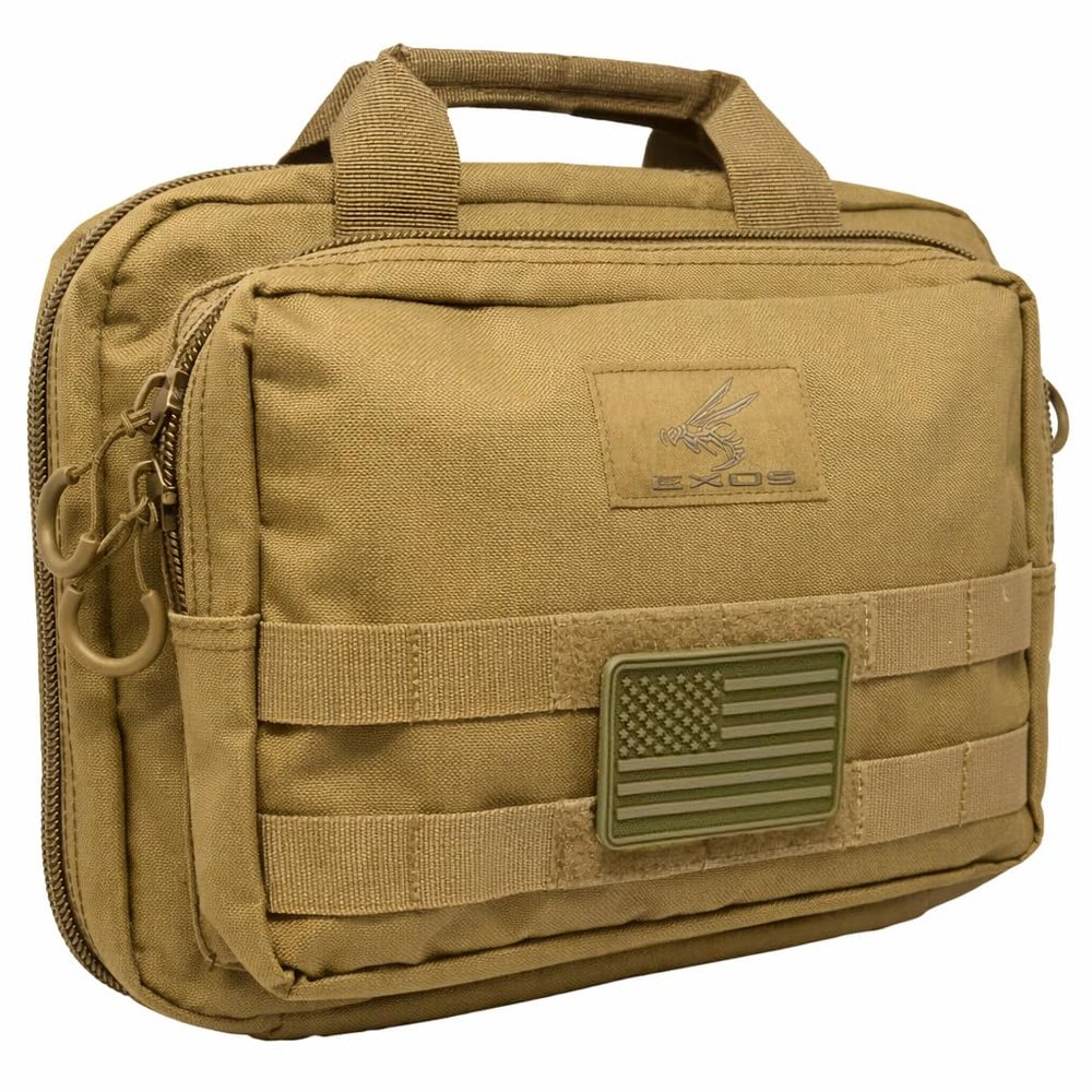 Exos Double Pistol Case - Tactical Double Soft Pistol Gun Bag - Handgun Carrying Case with Compartments - Hand Gun Storage Bag with MOLLE Webbing and Padded Interior - Designed in USA (Coyote Tan)