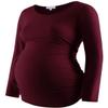Maternity Shirt Long Sleeve Basic Top Ruch Sides Bodycon Tshirt for Pregnant Women Burgundy M view 1