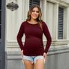 Maternity Shirt Long Sleeve Basic Top Ruch Sides Bodycon Tshirt for Pregnant Women Burgundy M view 2