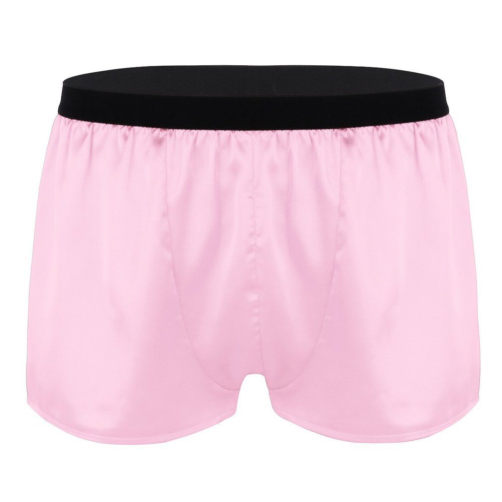 ACSUSS Men's Silk Shorts Frilly Satin Trunk Boxer Briefs Loose Crossdress Underwear Pink Medium